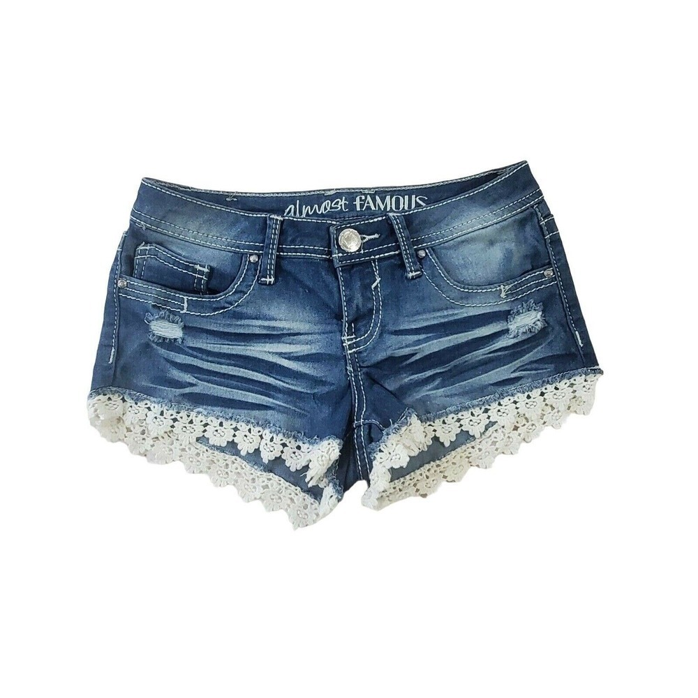 Almost Famous Shorts 1 Juniors Distressed Scallop Hem Dark Wash‎ Low Rise Denim